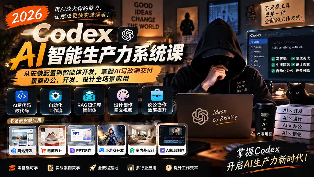 2026 Codex AI智能生产力系统课-更新｜从安装配置到智能体开发，掌握AI写改测交付，覆盖办公、开发、设计全场景应用-优优云创网