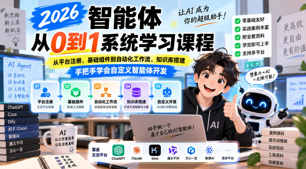2026智能体从0到1系统学习课程,从平台注册、基础组件到自动化工作流、知识库搭建,手把手学会自定义智能体开发-优优云创网