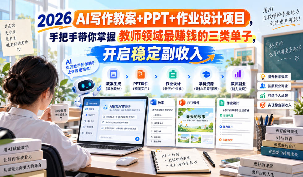 2026 AI写作教案+PPT+作业设计项目,手把手带你掌握教师领域最賺钱的三类单子,开启稳定副收入-优优云创网