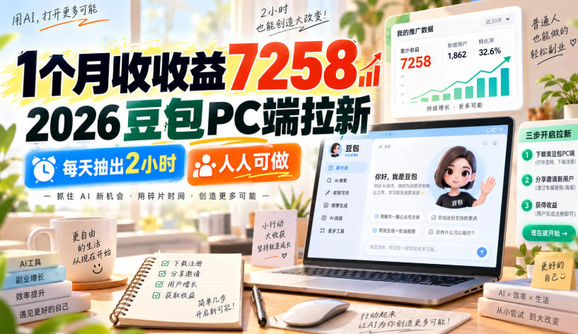 1个月收收益7258,2026豆包PC端拉新,每天抽出2小时,人人可做-优优云创网