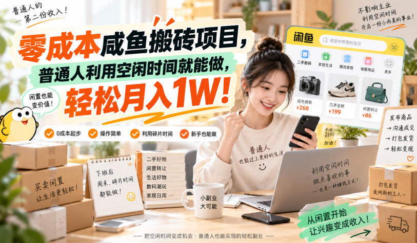 零成本咸鱼搬砖项目，普通人利用空闲时间就能做，轻松月入1W！【揭秘】-优优云创网