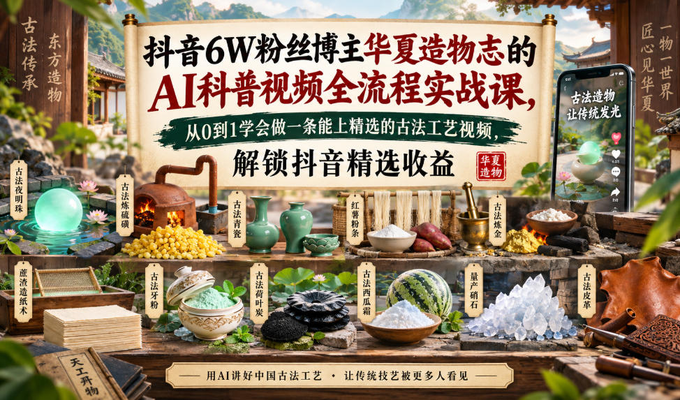 20260919142534769-746e468a6e102f284537c7c316f388ee 抖音6W粉丝博主华夏造物志的AI科普视频全流程实战课,从0到1学会做一条能上精选的古法工艺视频,解锁抖音精选收益