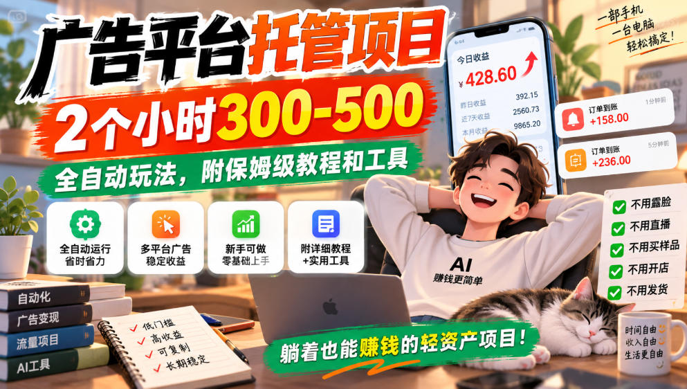 广告平台托管项目,2个小时300-500,全自动玩法,附保姆级教程和工具,小白照着就能做【揭秘】-优优云创网