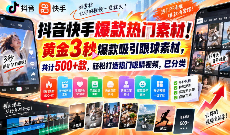 抖音快手爆款热门素材!黄金3秒爆款吸引眼球素材,共计500+款,轻松打造热门吸睛视频,已分类-优优云创网