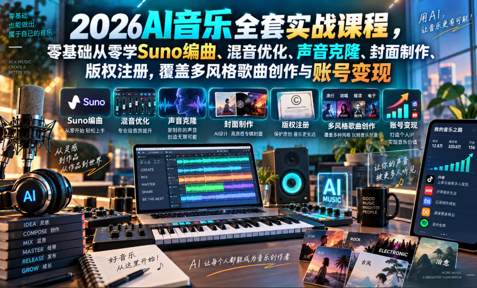 2026AI音乐实战课程，零基础从零学Suno编曲、混音优化、声音克隆、版权注册，覆盖多风格歌曲创作与账号变现-优优云创网