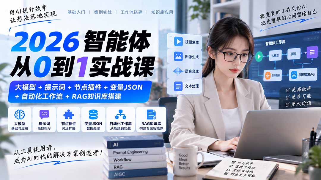 2026智能体从0到1实战课|大模型+提示词+节点插件+变量JSON+自动化工作流+RAG知识库搭建-优优云创网