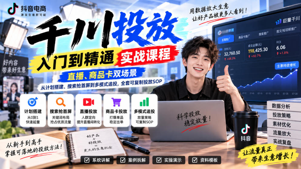 千川投放入门到精通实战课程,直播、商品卡双场景,从计划搭建、搜索抢首屏到多模式追投,全套可复制投放SOP-优优云创网