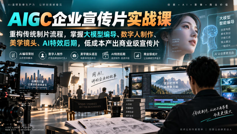 AIGC企业宣传片实战课,重构传统制片流程,掌握大模型编导、数字人制作、美学镜头、AI特效后期,低成本产出商业级宣传片-优优云创网