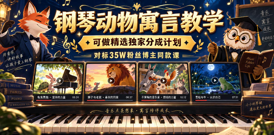 钢琴动物寓言教学，可做精选独家分成计划，对标35W粉丝博主同款课-优优云创网