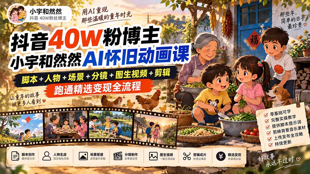 抖音40W粉博主小宇和然然AI怀旧动画课|脚本+人物+场景+分镜+图生视频+剪辑,跑通精选变现全流程-优优云创网
