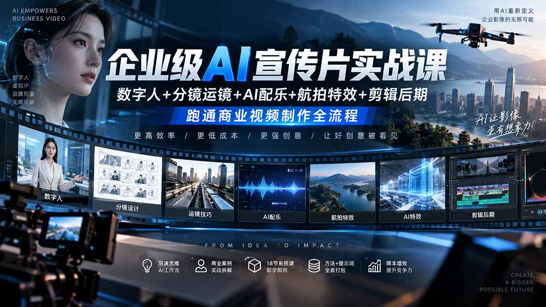 企业级AI宣传片实战课|数字人+分镜运镜+AI配乐+航拍特效+剪辑后期,跑通商业视频制作全流程-优优云创网