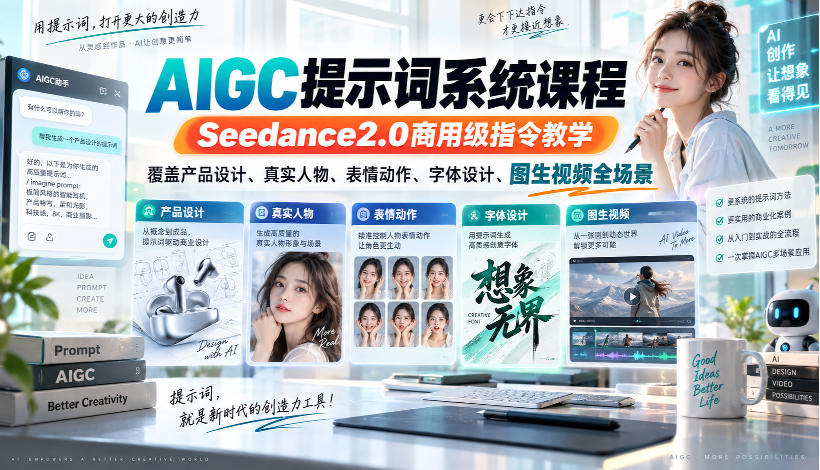 AIGC提示词系统课程,Seedance2.0商用级指令教学,覆盖产品设计、真实人物、表情动作、字体设计、图生视频全场景-优优云创网