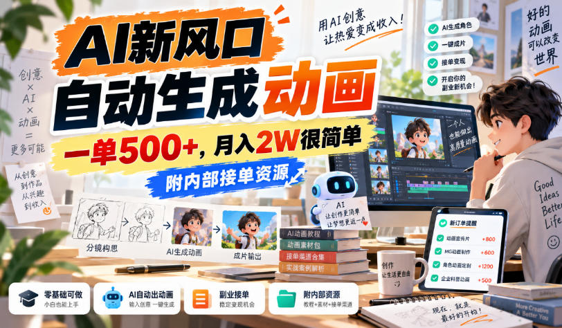 AI新风口，自动生成动画，一单500+，月入2W很简单，附内部接单资源【揭秘】-优优云创网