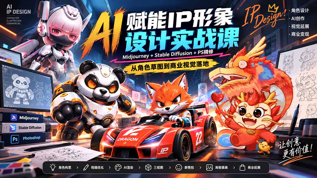 AI赋能IP形象设计实战课-无水印:Midjourney+Stable Diffusion+PS精修,从角色草图到商业视觉落地-优优云创网