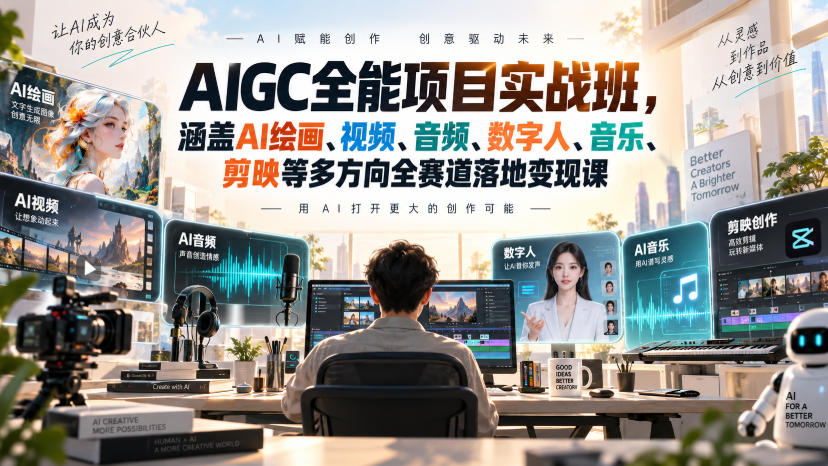 AIGC全能项目实战班,涵盖AI绘画、视频、音频、数字人、音乐、剪映等多方向全赛道落地变现课(更新)-优优云创网