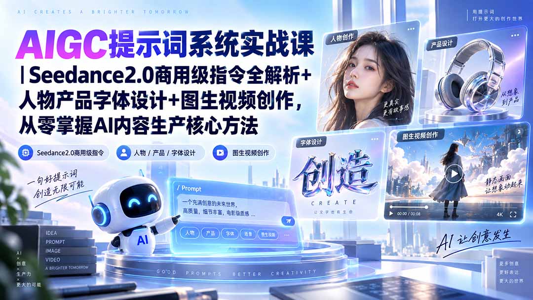 AIGC提示词系统实战课-无水印|Seedance2.0商用级指令全解析+人物产品字体设计+图生视频创作,掌握AI内容生产方法-优优云创网
