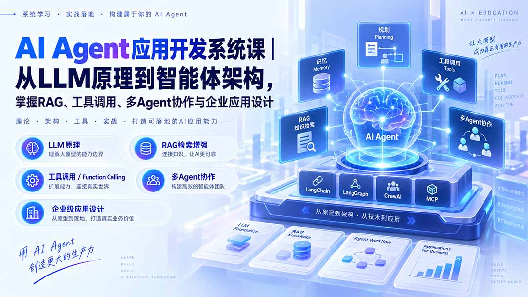 AI Agent应用开发系统课-179节｜从LLM原理到智能体架构，掌握RAG、工具调用、多Agent协作与企业应用设计-优优云创网