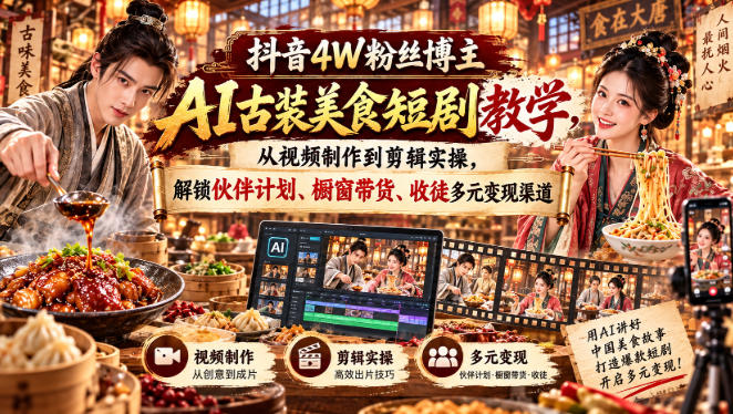 抖音4W粉丝博主AI古装美食短剧教学，从视频制作到剪辑实操，解锁伙伴计划、橱窗带货、收徒多元变现渠道-优优云创网