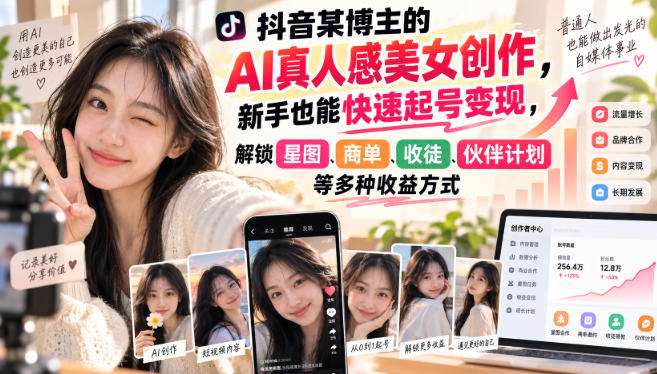 抖音某博主的AI真人感美女创作，新手也能快速起号变现，解锁星图，商单，收徒，伙伴计划等多种收益方式-优优云创网