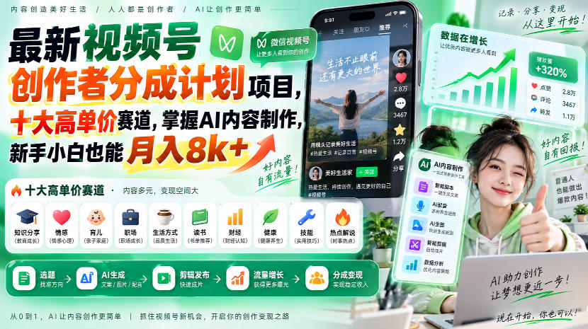 20260921121634552-baf6e6fd6252baf27431bdc279f34c70 最新视频号创作者分成计划项目,十大高单价赛道,掌握AI内容制作,新手小白也能月入8k+