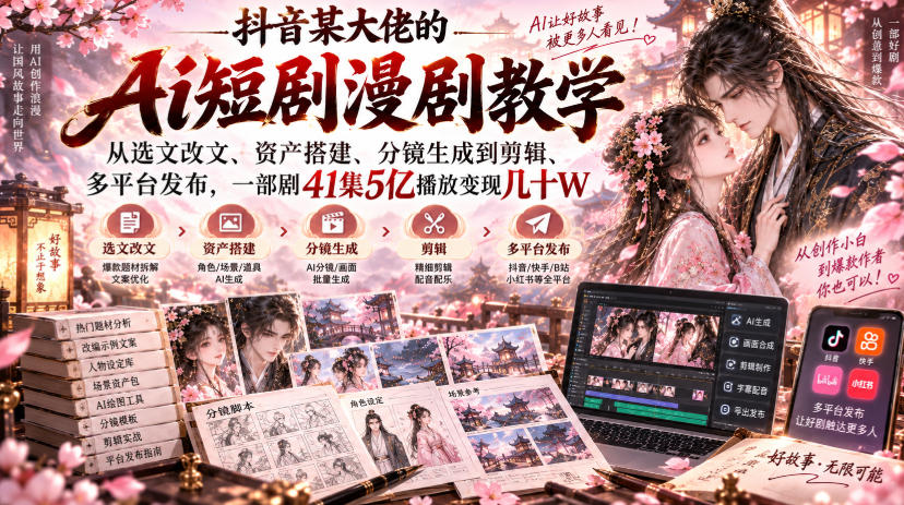 抖音某大佬的Ai短剧漫剧教学，从选文改文、资产搭建、分镜生成到剪辑、多平台发布，一部剧41集5亿播放变现几十W-优优云创网