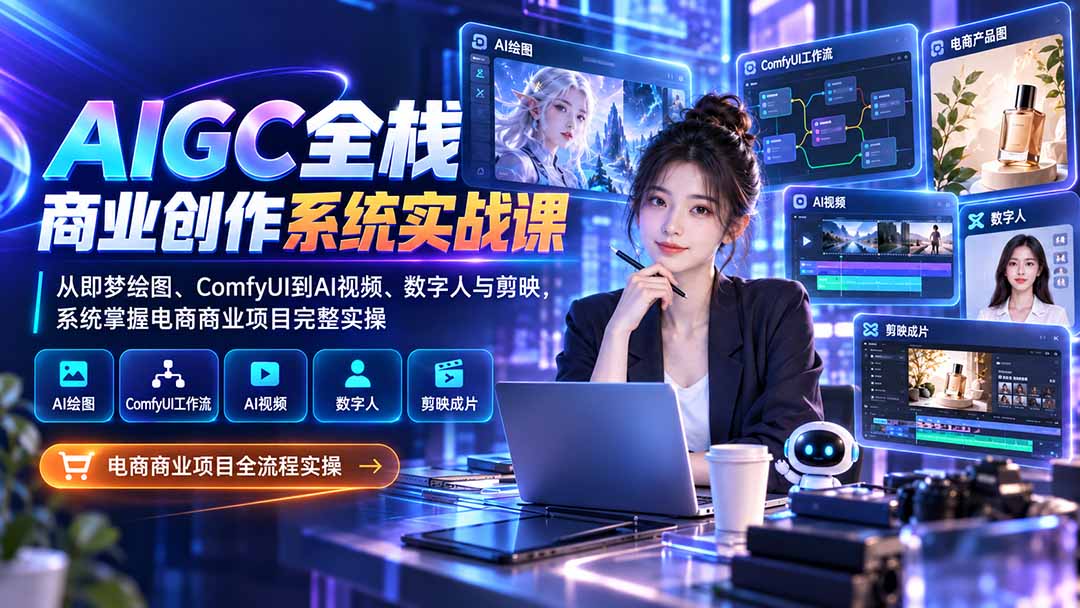 AIGC全栈商业创作系统实战课-无水印：从即梦绘图、ComfyUI到AI视频、数字人与剪映，系统掌握电商商业项目完整实操-优优云创网