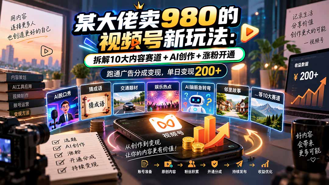 某大佬卖980的视频号新玩法:拆解10大内容赛道+AI创作+涨粉开通,跑通广告分成变现,单日变现200+-优优云创网