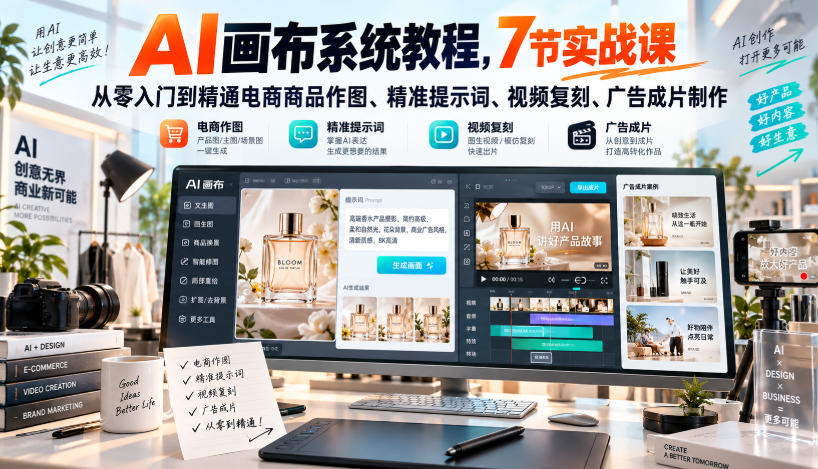 AI画布系统教程,7节实战课从零入门到精通电商商品作图、精准提示词、视频复刻、广告成片制作-优优云创网
