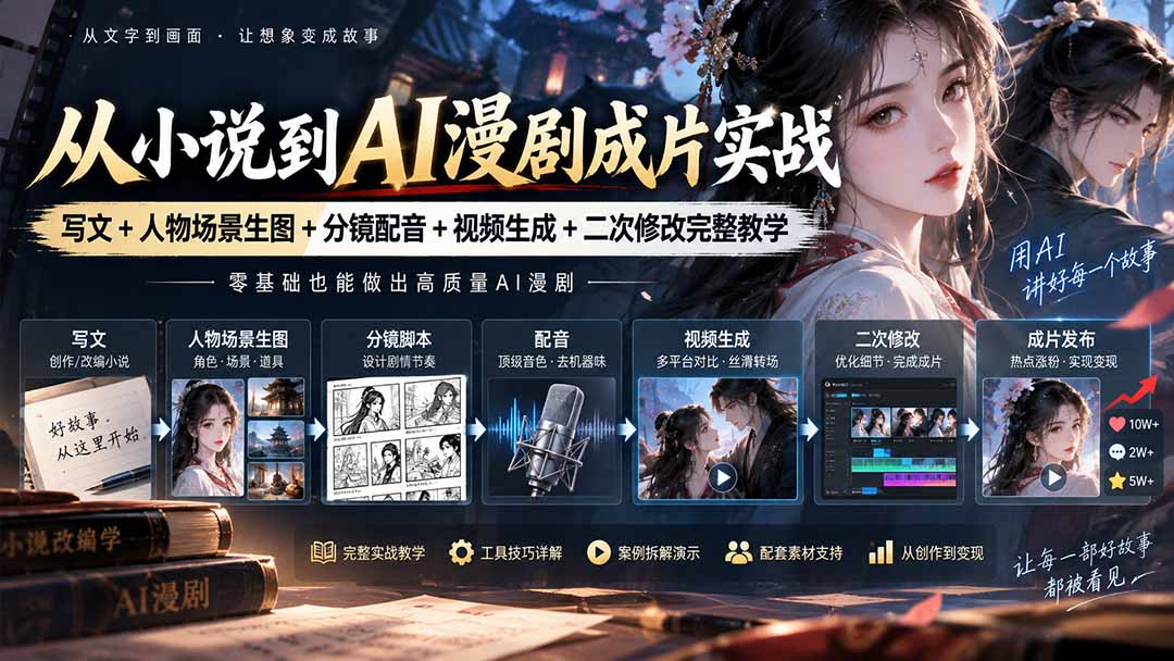 从小说到AI漫剧成片实战:写文+人物场景生图+分镜配音+视频生成+二次修改完整教学-优优云创网