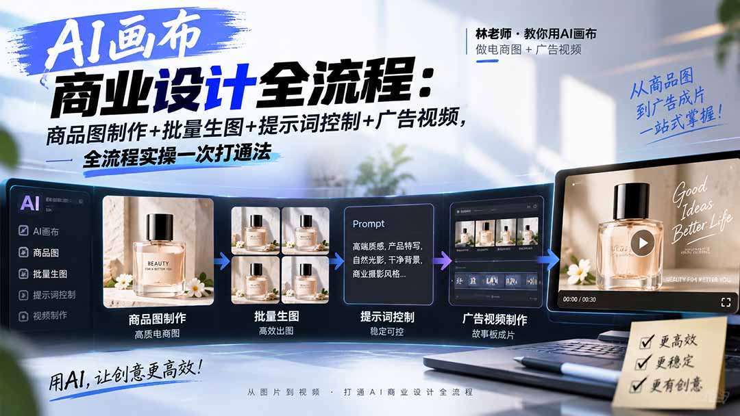 AI画布商业设计全流程：商品图制作+批量生图+提示词控制+广告视频，全流程实操一次打通法-优优云创网