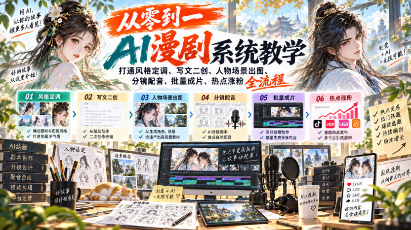 从零到一AI漫剧系统教学，打通风格定调、写文二创、人物场景出图、分镜配音、批量成片、热点涨粉全流程-优优云创网