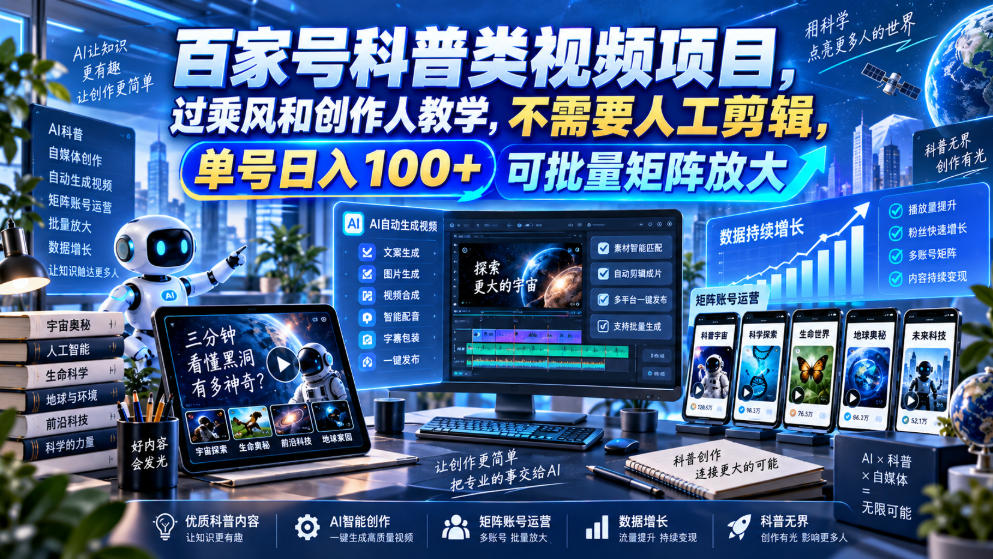 百家号科普类视频项目，过乘风和创作人教学，不需要人工剪辑，单号日入100+可批量矩阵放大-优优云创网