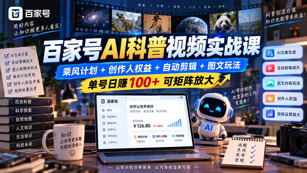 百家号AI科普视频实战课：乘风计划+创作人权益+自动剪辑+图文玩法，单号日赚100+可矩阵放大-优优云创网