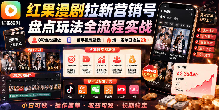 红果漫剧拉新营销号盘点玩法全流程实战，0粉丝也能做，一部手机就能做，爆一条单日收益2k+(更新0922)-优优云创网