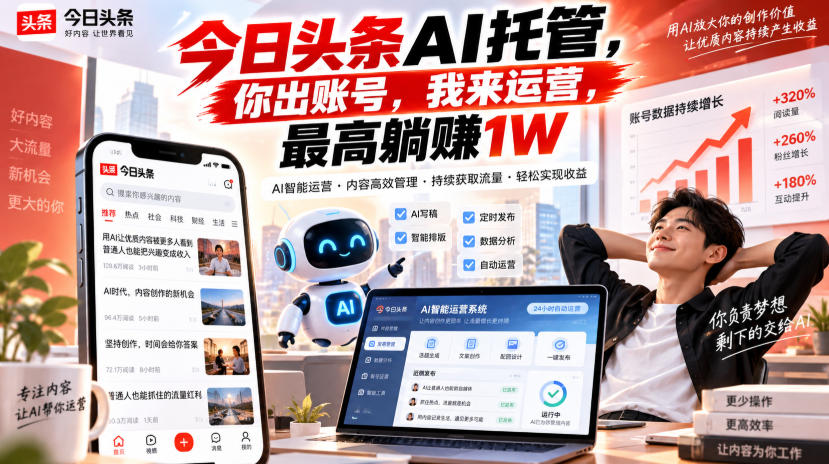 今日头条AI托管,你出账号,我来运营,最高躺賺1W【揭秘】-优优云创网