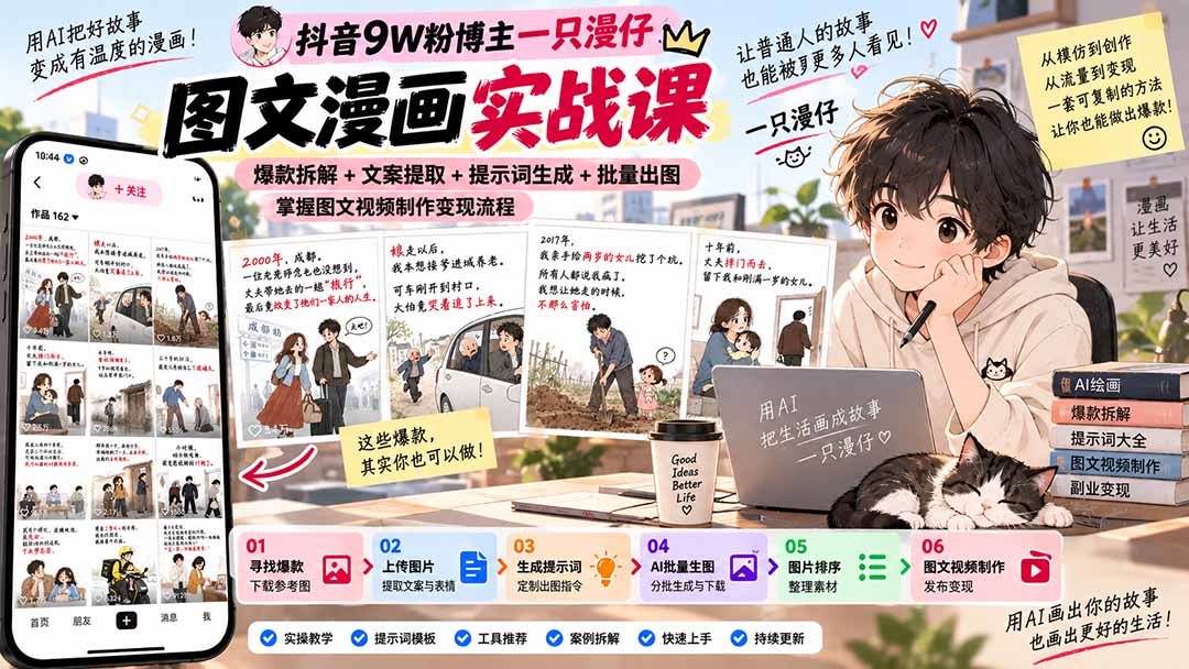 抖音9W粉博主一只漫仔图文漫画课：爆款拆解+文案提取+提示词生成+批量出图，掌握图文视频制作变现流程-优优云创网