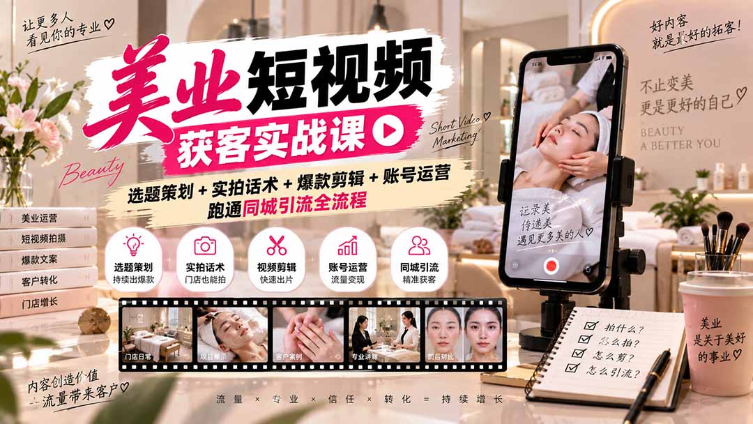 美业短视频获客实战课-无水印:选题策划+实拍话术+爆款剪辑+账号运营,跑通同城引流全流程-优优云创网