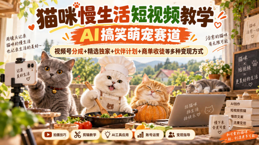 猫咪慢生活短视频教学,AI搞笑萌宠赛道,视频号分成+精选独家+伙伴计划+商单收徒等多种变现方式-优优云创网