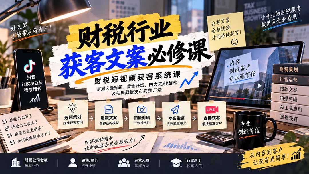 财税短视频获客系统课：掌握选题标题、黄金开场、四大文案结构及拍摄剪辑发布完整方法-优优云创网