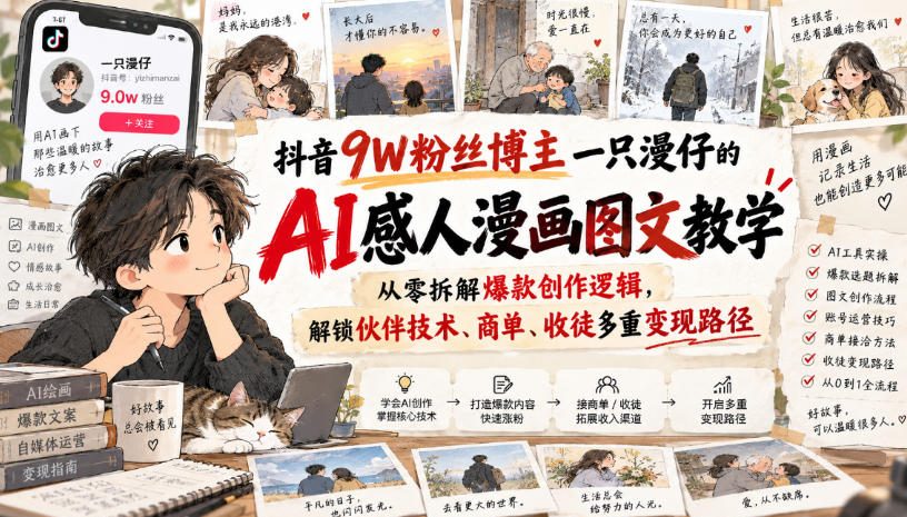抖音9W粉丝博主一只漫仔的AI感人漫画图文教学,从零拆解爆款创作逻辑,解锁伙伴技术、商单、收徒多重变现路径-优优云创网