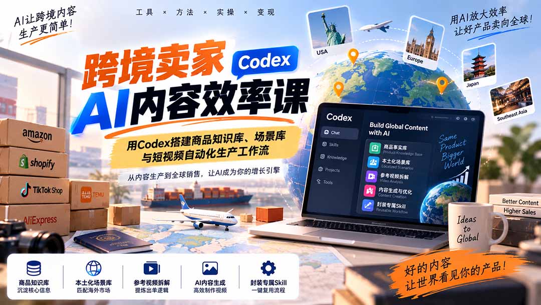 跨境卖家AI内容效率课:用Codex搭建商品知识库、场景库与短视频自动化生产工作流-优优云创网