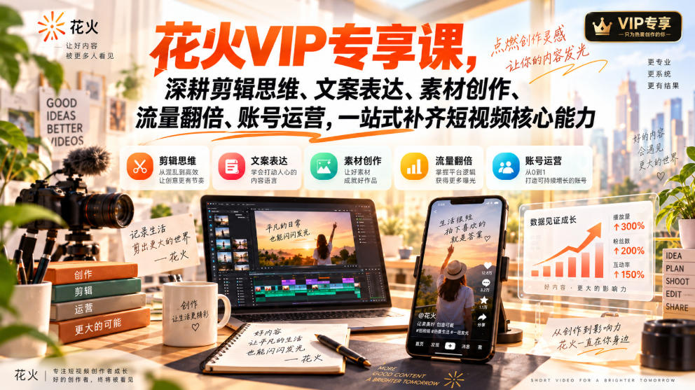花火VIP专享课,深耕剪辑思维、文案表达、素材创作、流量翻倍、账号运营,一站式补齐短视频核心能力-优优云创网