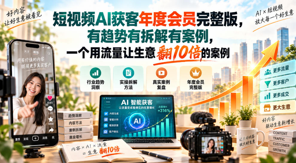 短视频AI获客年度会员完整版,有趋势有拆解有案例,一个用流量让生意翻10倍的案例-优优云创网