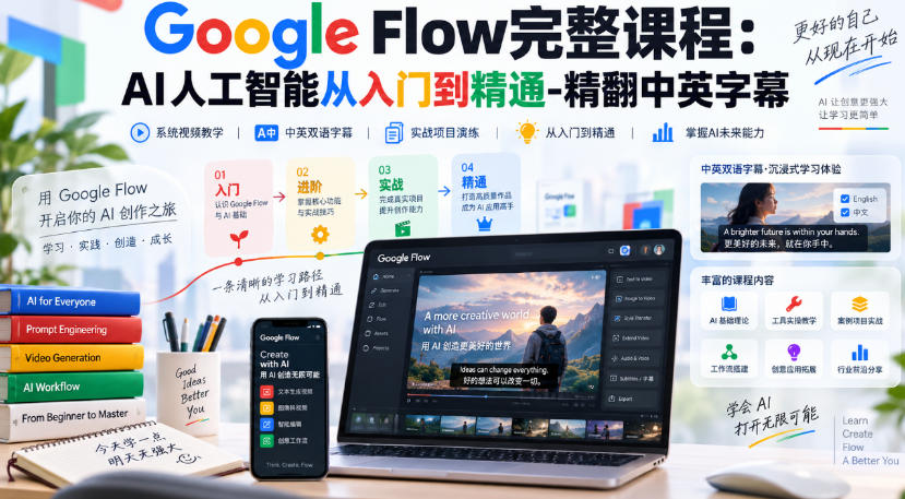 【无水印】Google Flow完整课程:AI人工智能从入门到精通-精翻中英字幕-优优云创网