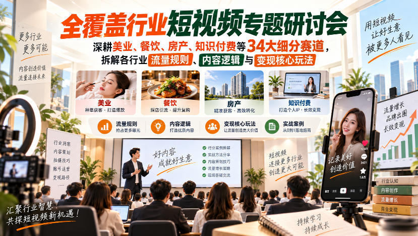 短视频专题研讨会，深耕美业、餐饮、房产、知识付费等34大细分赛道，拆解各行业流量规则、内容逻辑与变现核心玩法-优优云创网
