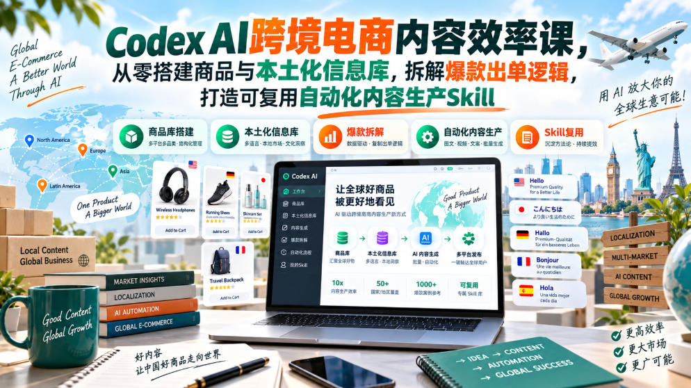 Codex AI跨境电商内容效率课，从零搭建商品与本土化信息库，拆解爆款出单逻辑，打造可复用自动化内容生产Skill-优优云创网