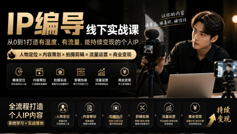 【无水印】IP编导线下实战课,从人物定位到短视频拍摄剪辑,全流程打造有温度、有流量、能持续变现的个人IP内容-优优云创网