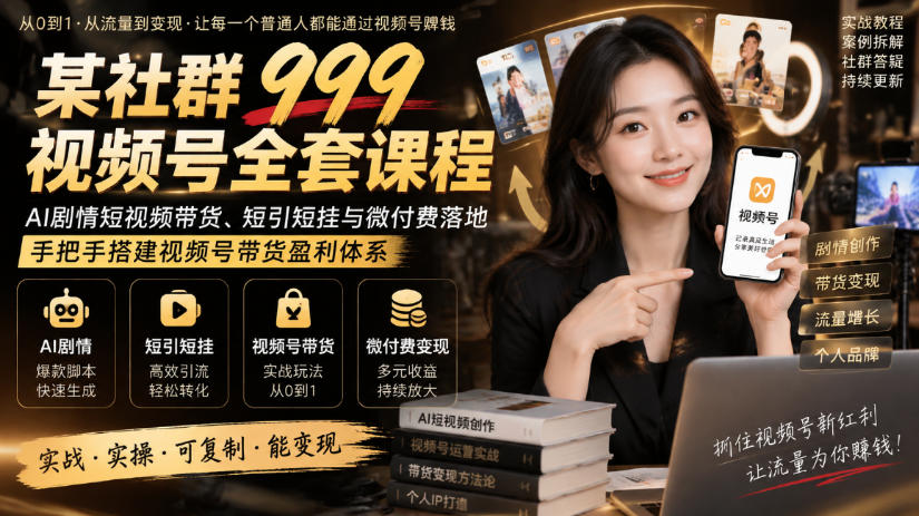 某社群999视频号全套课程,AI剧情短视频带货、短引短挂与微付费落地,手把手搭建视频号带货盈利体系-优优云创网