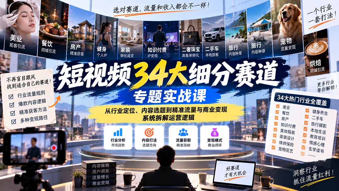 短视频34大细分赛道专题实战课:从行业定位、内容选题到精准流量与商业变现,系统拆解运营逻辑-优优云创网