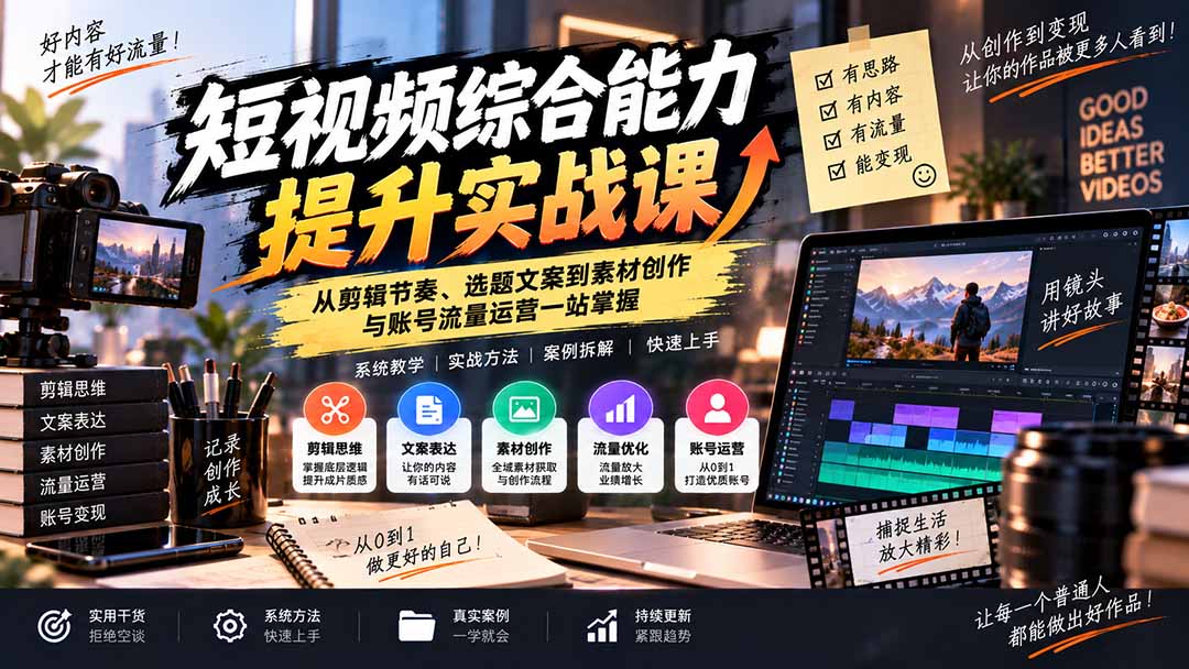 短视频综合能力提升实战课:从剪辑节奏、选题文案到素材创作与账号流量运营一站掌握-优优云创网